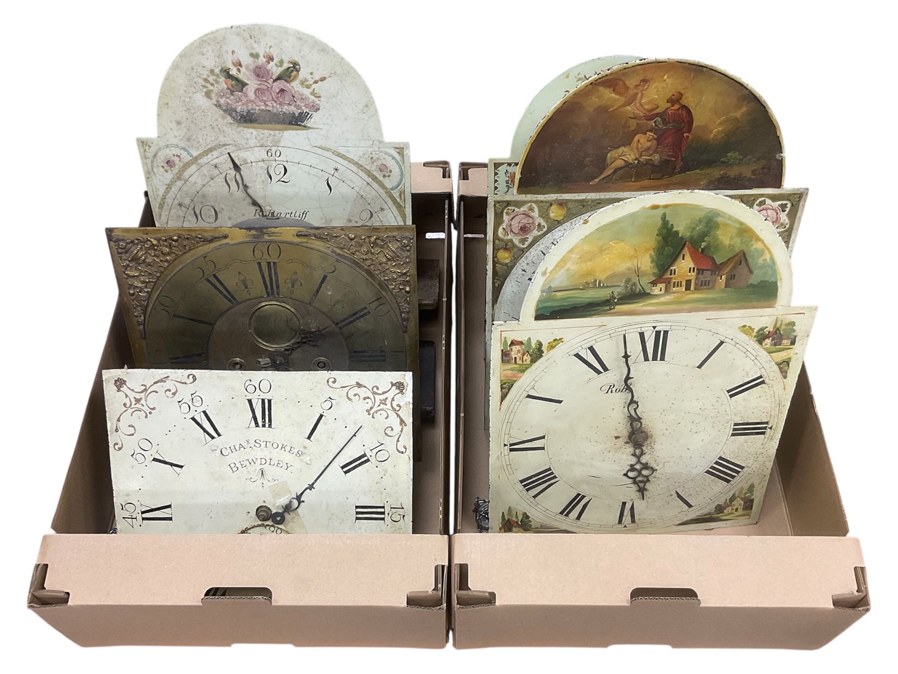 Six 19th century longcase clock movements, including brass dial by William Clark of Kendal, painted dial by Bartliff of Malton, etc