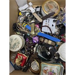 Costume jewellery including bracelets, cufflinks, necklaces, various wristwatches, trinket boxes etc, in one box