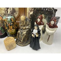 Franklin Mint House of Faberge 'The Nativity' ceramic egg, together with a Russian doll decorated with nativity scenes, Cinque Ports Pottery monk salt and pepper shaker and other monk figures, etc