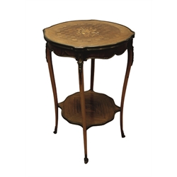  20th century Kingwood two tier occasional table, parquet top inlaid with flowers and foliage, tapering supports with gilt metal mounts, quarter veneered undertier, D48cm, H73cm  