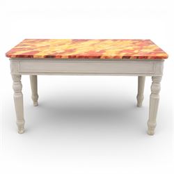 19th century style pine console table, with rectangular simulated marble top over a painted frieze, raised on fluted and turned tapering legs