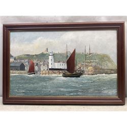 Robert Sheader (British 20th century): Yawls Returning to Scarborough Harbour, oil on board signed 37cm x 60cm 