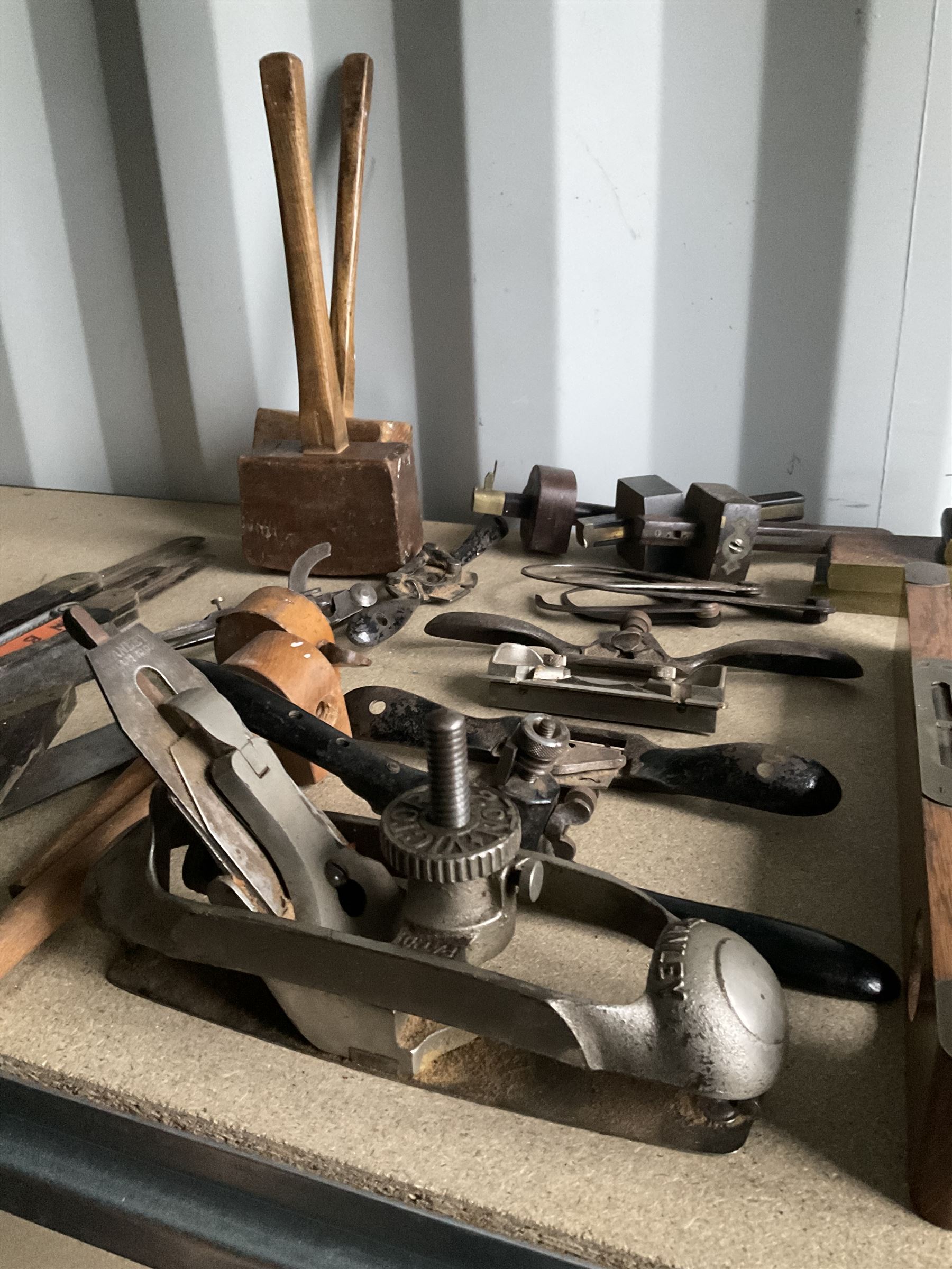 Selection of woodworking tools such as Stanley Victor No 20 compass plane, E.Preston & Sons spirit level, spokeshaves, carpenters squares and other - THIS LOT IS TO BE COLLECTED BY APPOINTMENT FROM DUGGLEBY STORAGE, GREAT HILL, EASTFIELD, SCARBOROUGH, YO11 3TX
