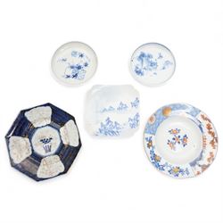 Japanese Edo period hexagonal dish with gilt decoration, Japanese porcelain to include a Seto blue and white dish, of square lobed form, four character mark to base, W18cm, Meiji Fukagawa Koransha imari circular dish on three ball feet, orchid mark to base D23cm, together with a matched pair of 19th century blue and white saucers, D16.5cm (4)