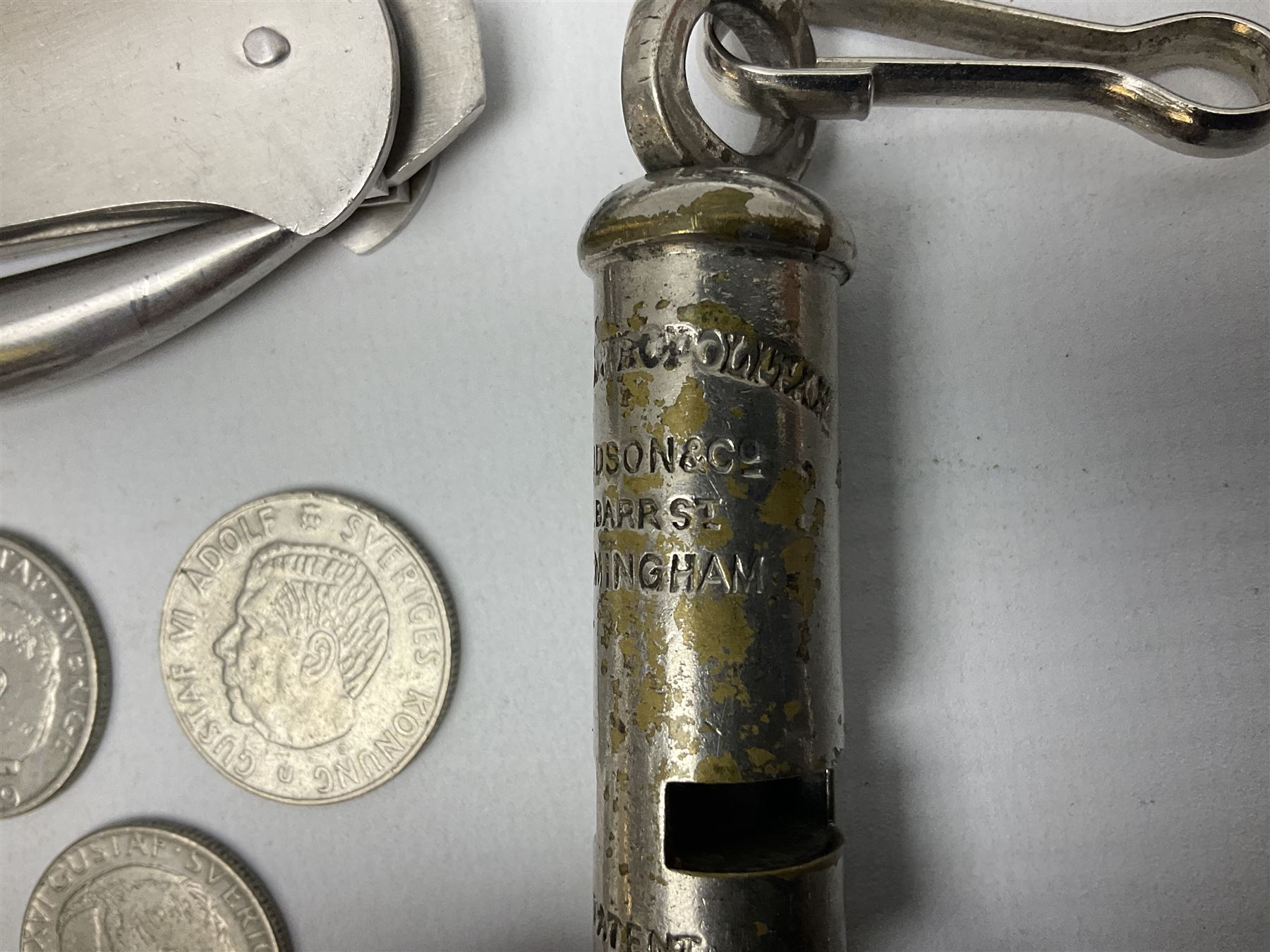 Barlow Shackler Sailor's Knife PAT.41576, together with a penknife, whistle and coins 
