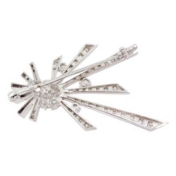 18ct white gold round brilliant cut diamond necklace, the detachable abstract design starburst diamond brooch, to diamond set crescent links spaced by single diamonds, stamped 750, total diamond weight approx 3.00 carat