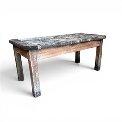 Teak garden bench, wavy shaped rail and slatted seat, with matching coffee table (2)