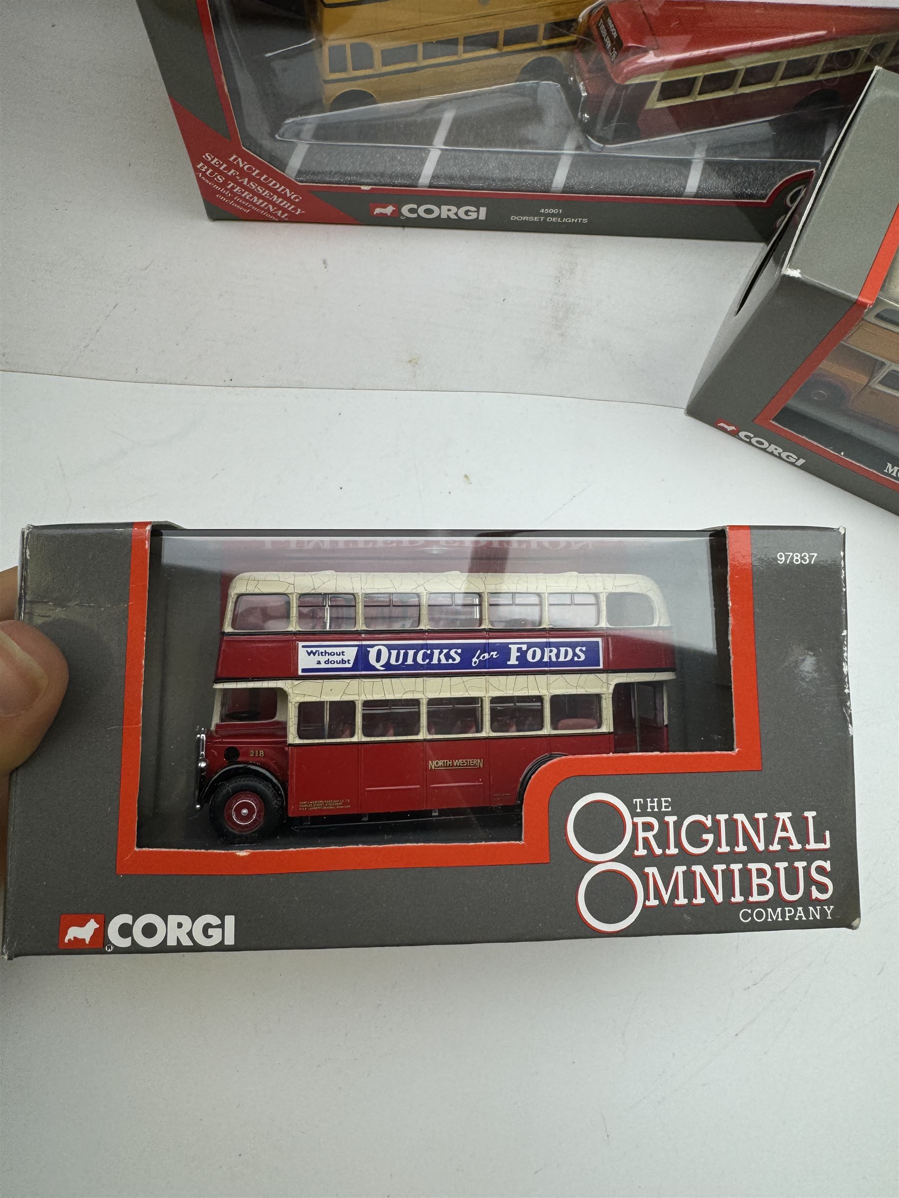 Nineteen limited edition Corgi The Original Omnibus 1:76 scale diecast models, including 45001 Dorset Delights, 45002 The Varsity Set and 97095 Lancashire Holiday Set, all boxed with certificates 