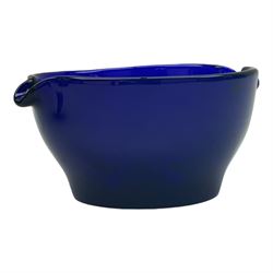 19th century Bristol blue glass jug, the baluster body with simple loop handle, together with a double lipped rinser, jug H14cm