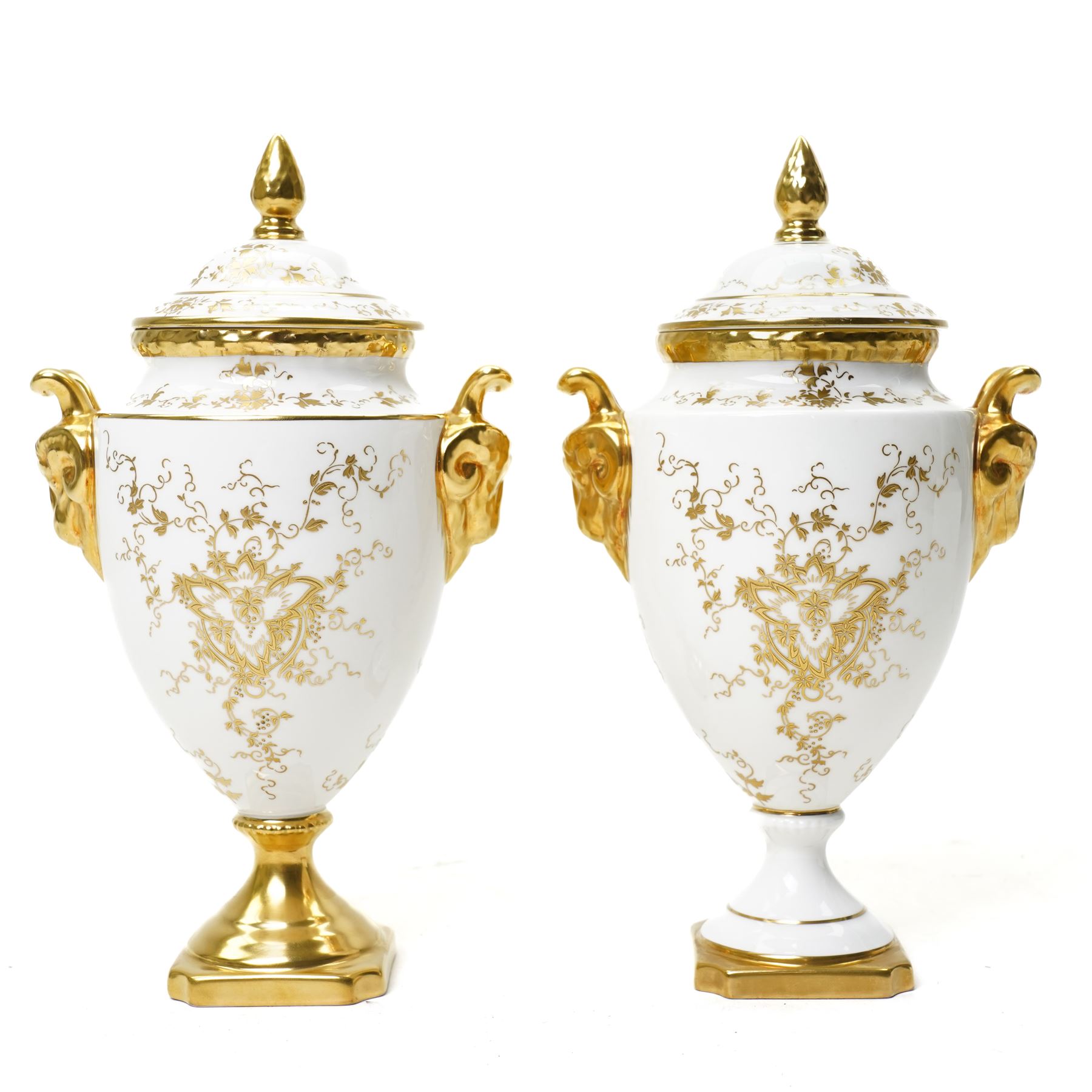 Two Coalport Romeo and Juliet vases, painted by Mary Dennis, blue printed marks to base, H24cm (2)