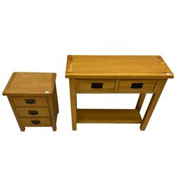 Light oak two drawer console table, television stand, nest of tables, small table and a three drawer chest
