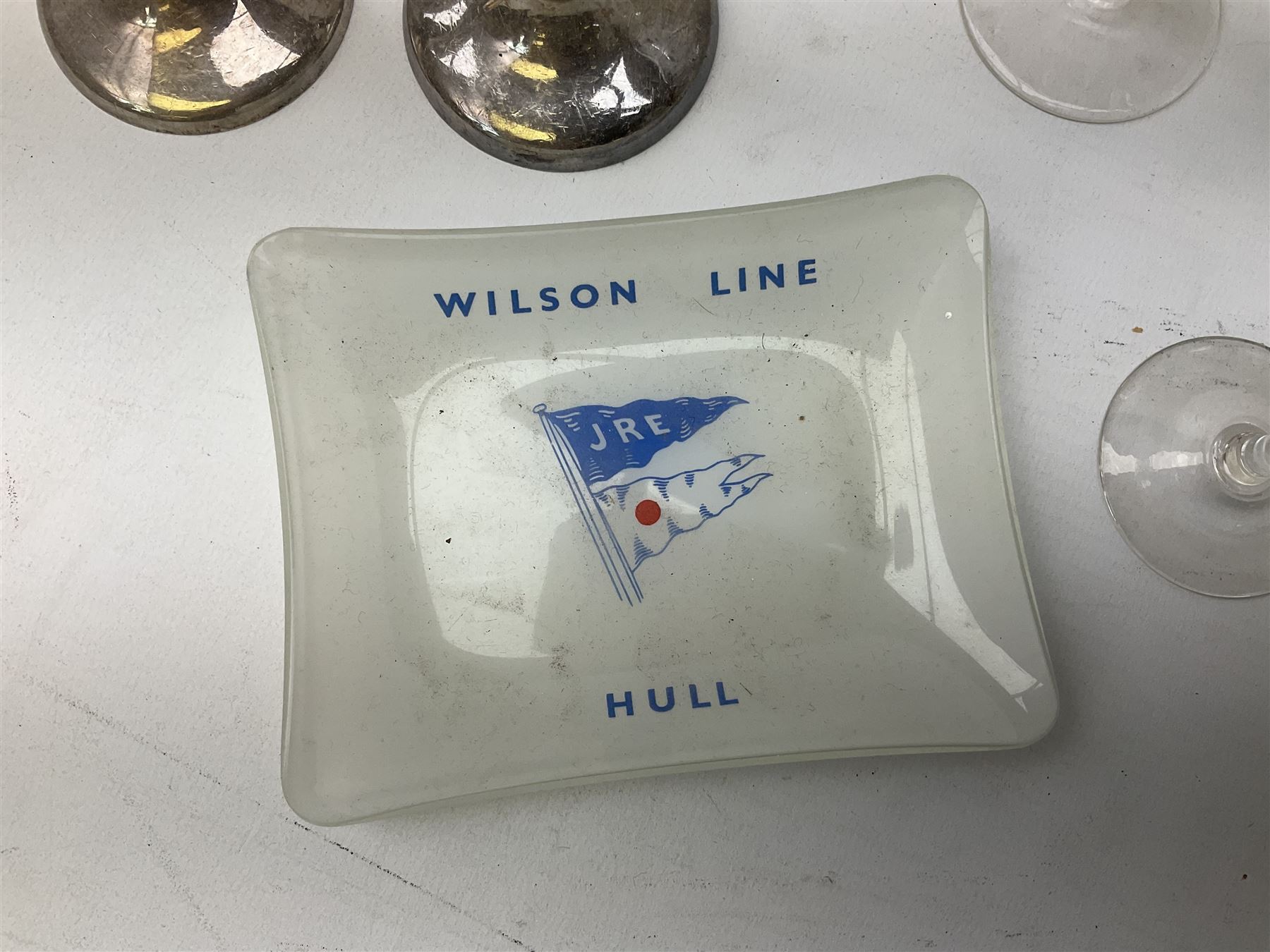 Wilson Line of Hull - five graduated ceramic jugs by Weatherby, Adams and Crown Ducal, largest H22cm, sets of six port and liqueur glasses, four silver plated menu holders and glass ashtray (22)  