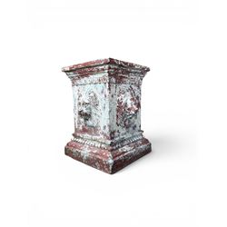 Early 20th century terracotta pedestal, square form with egg and dart detail, four lions masks to either side, finished in distressed cream paint