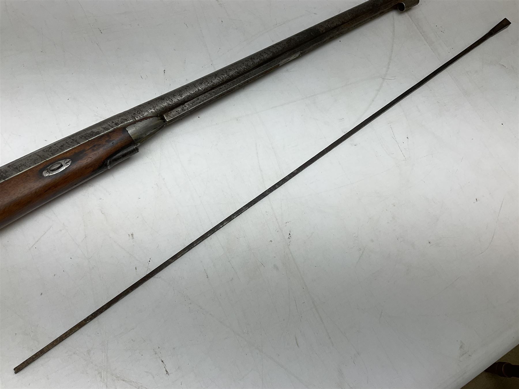 Composed decorative percussion action sporting gun, the 79cm barrel with ramrod under and Indian style studded stock L124cm overall