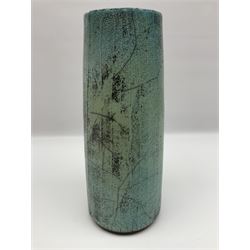 Peter Sparrey contemporary studio pottery vase, of tapering cylindrical form, the fluted body with decorative cracks and crazing, upon a mottled green/blue and black ground, with impressed mark, H33.5cm