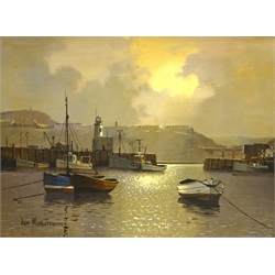  Don Micklethwaite (British 1936-): Scarborough Harbour by Moonlight, oil on board signed 29cm x 40cm  