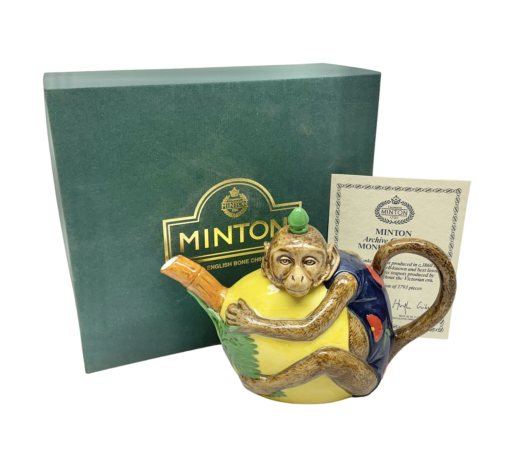 Minton Archive collection monkey teapot, limited edition 1690/1793, with certificate and original box