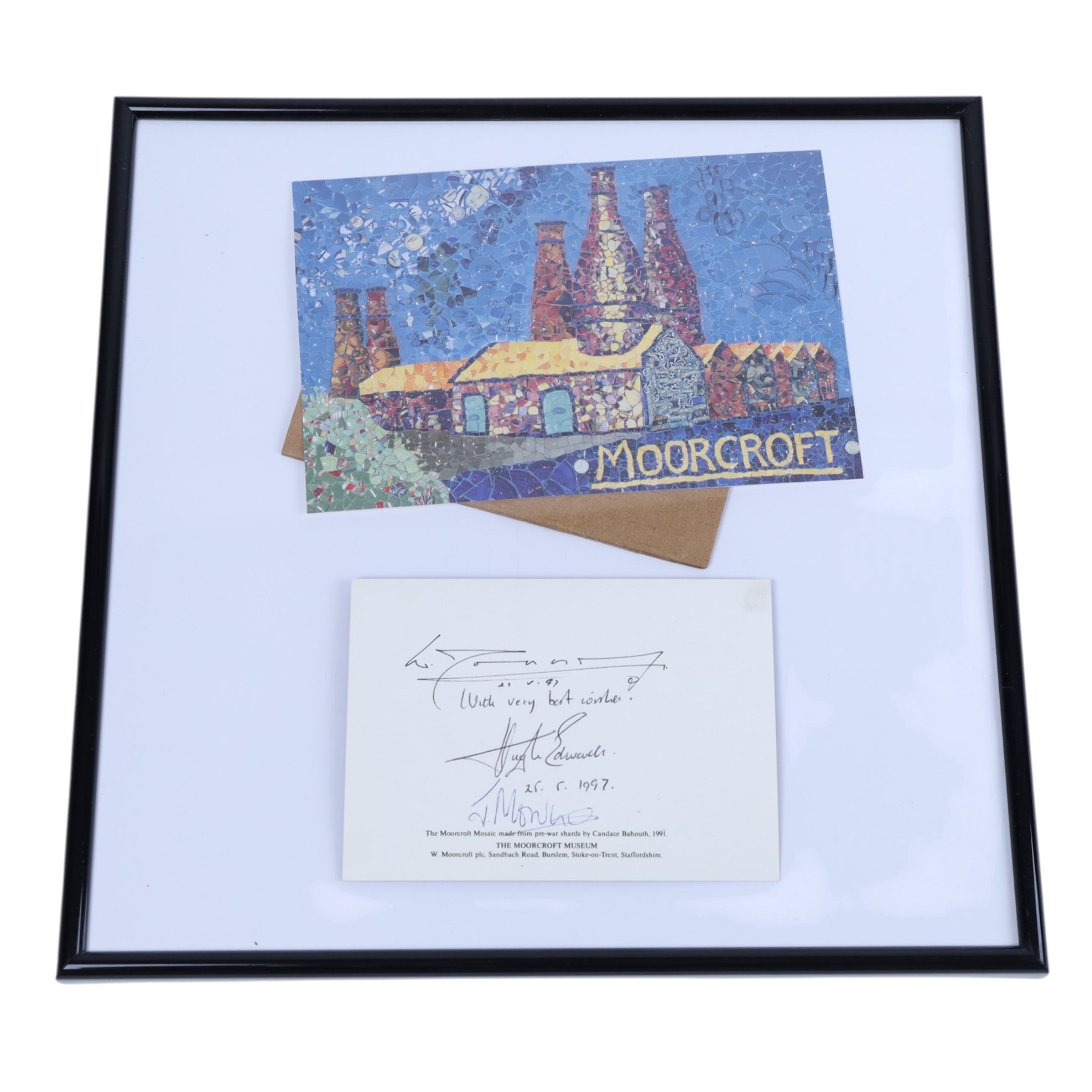 Collection of Moorcroft memorabilia, to include print signed by Moorcroft collector Hugh Edwards, postcards signed by Eric Knowles and Paul Atterbury, and Moorcroft Collectors Club newsletters