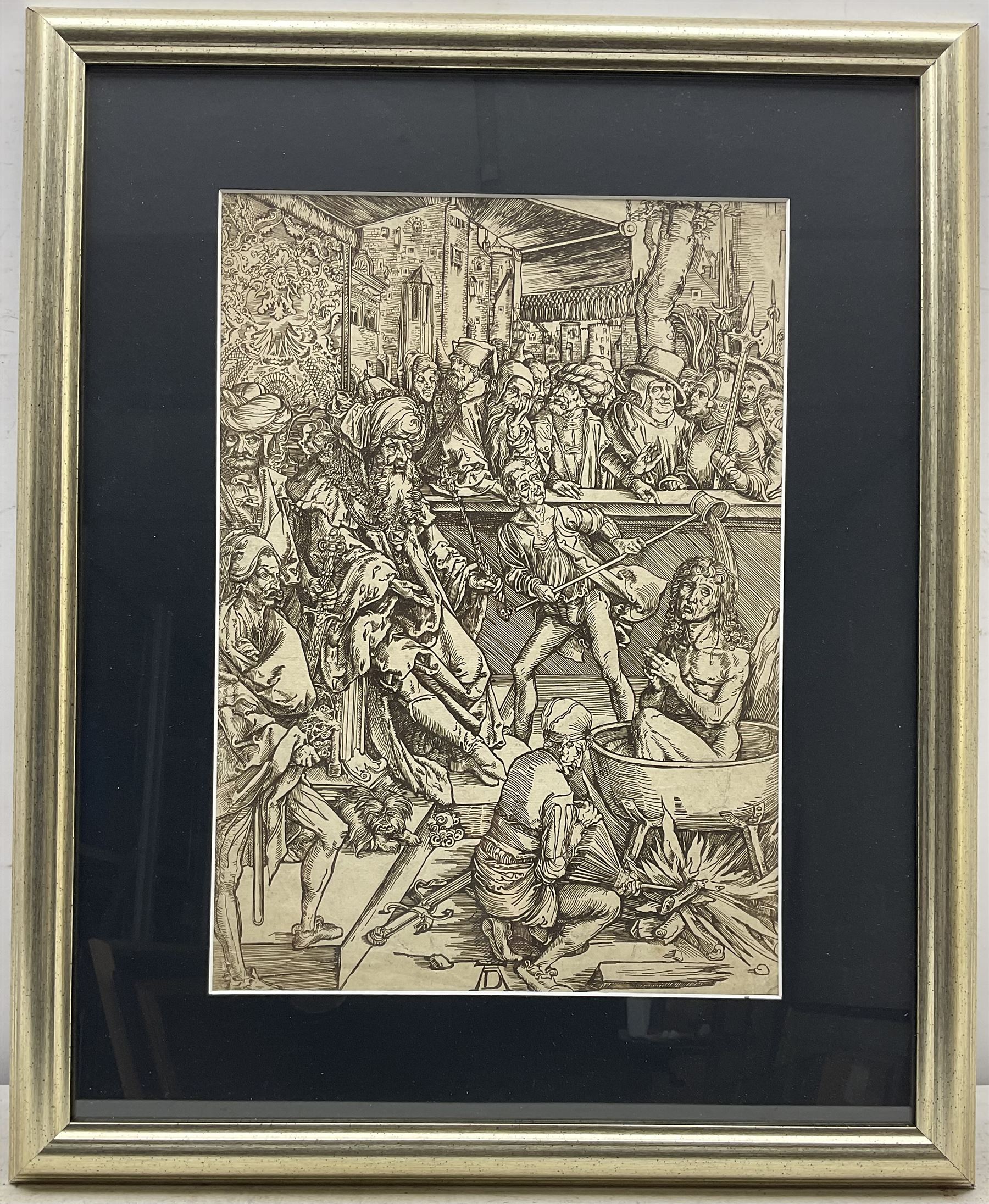 Albrecht Dürer (German 1471-1528): 'The Martyrdom of Saint John', wood cut from The Apocalypse portfolio first pub. 1498, 38cm x 27cm