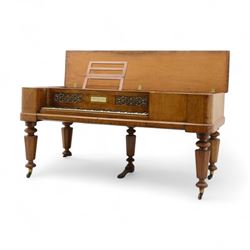 John Broadwood & Sons- Mid-19th century square piano in a light mahogany case serial No 57168 (1840), with four taper turned legs on castors and conforming sustaining pedal, with a 6 octave compass F1-G6 with 63 ivory and ebony keys, makers name with brass inlay and silk backed fretwork above the keys, recently restored action with new hammer heads, damper felts and strings, bi-strung with a steel brace and metal hitch pin plate with faux marbled decoration. 
This item has been registered for sale under section 10 of the APHA Ivory Act, Reference BS3HW755