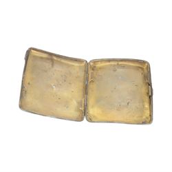 Early 20th century silver cigarette case, together with a small group of silver cutlery including mother of pearl handled pickle fork, cake fork and pair of sugar tongs, all hallmarked