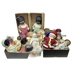 Quantity of vintage and later dolls to include unusual three faced example and further dolls marked C.J, Gloobee, Rosebud etc in three boxes