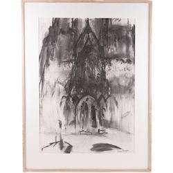 Honor Brogan (British Contemporary): 'Lichfield Cathedral - West Front', charcoal signed, titled and dated 2001 on exhibition label verso 83cm x 58cm