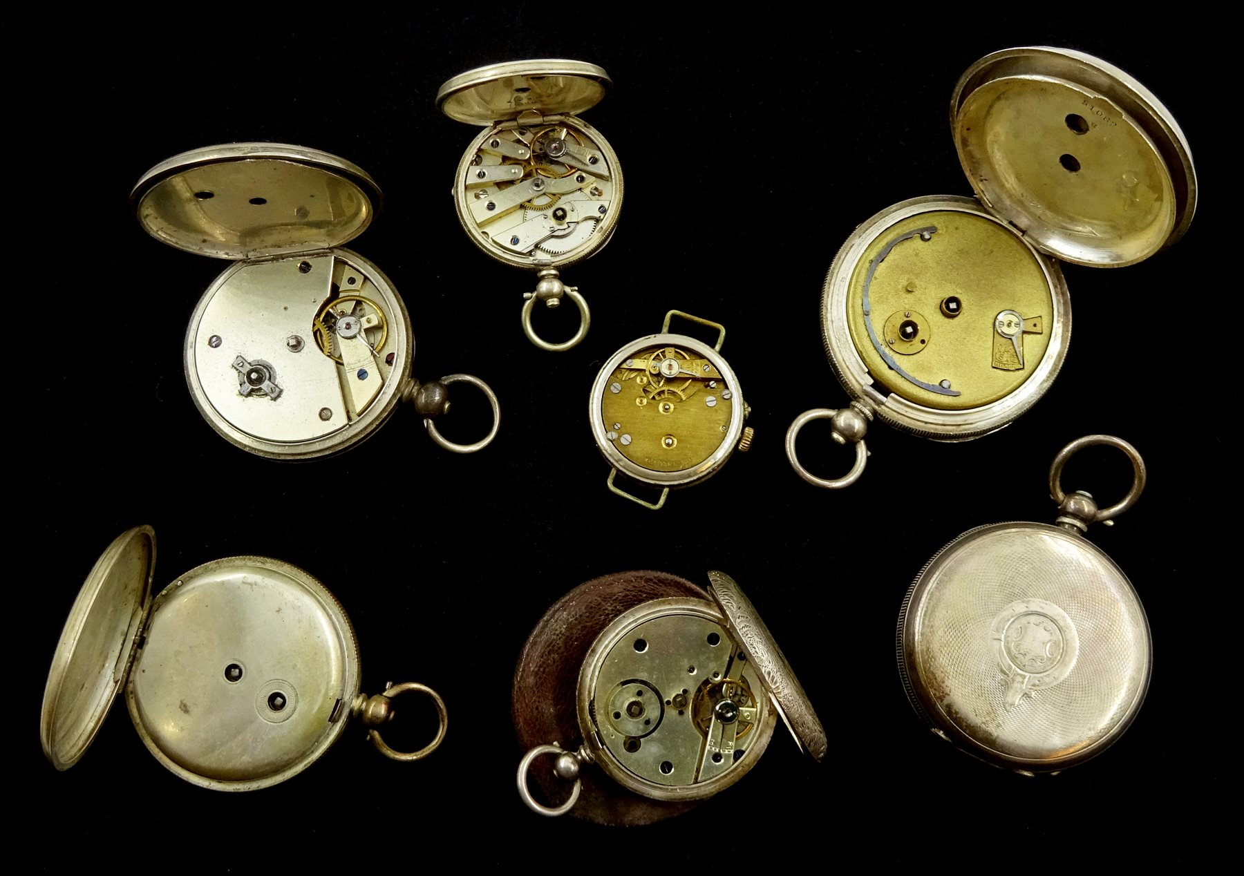Five early 20th century Swiss and English pocket watches, one other metal pocket watch and a Swiss enamel wristwatch (7)