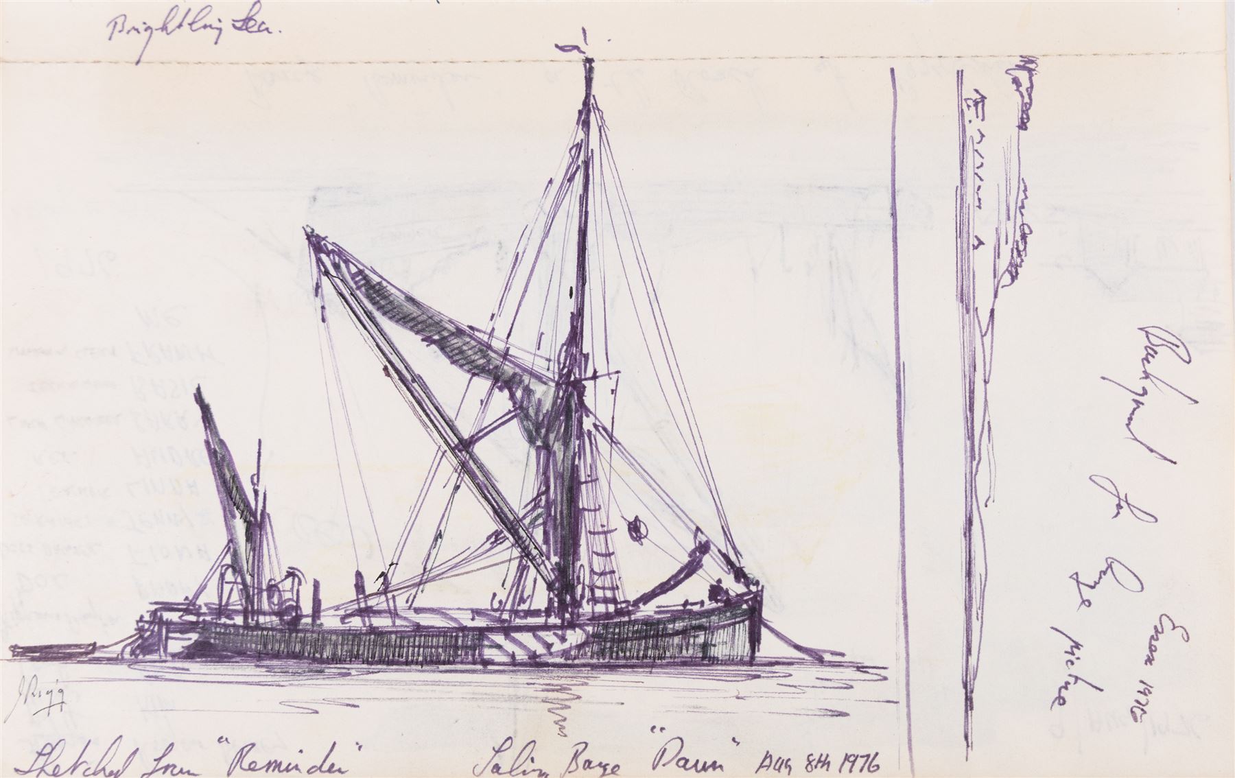 Jack Rigg (British 1927-2023): Thames Sailing Barge 'Dawn', ink and watercolour signed and dated 1976, together with two associated sketches 37cm x 53cm 