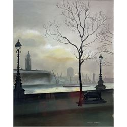 Steven Scholes (Northern British 1952-): 'The Oxo Tower from the Victoria Embankment', oil on canvas board signed 49cm x 39cm