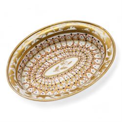 Early 19th century English porcelain miniature rosewater sprinkler in the form of a coffee pot, floral encrusted and painted body with flower knop handle and scroll handle, pattern no. 7916, H16.5cm, 19th century Rockingham style seated model of a Lion, L9.5cm and an early 19th century oval dish, inscribed beneath Geo. Maddey, 1803 (3)