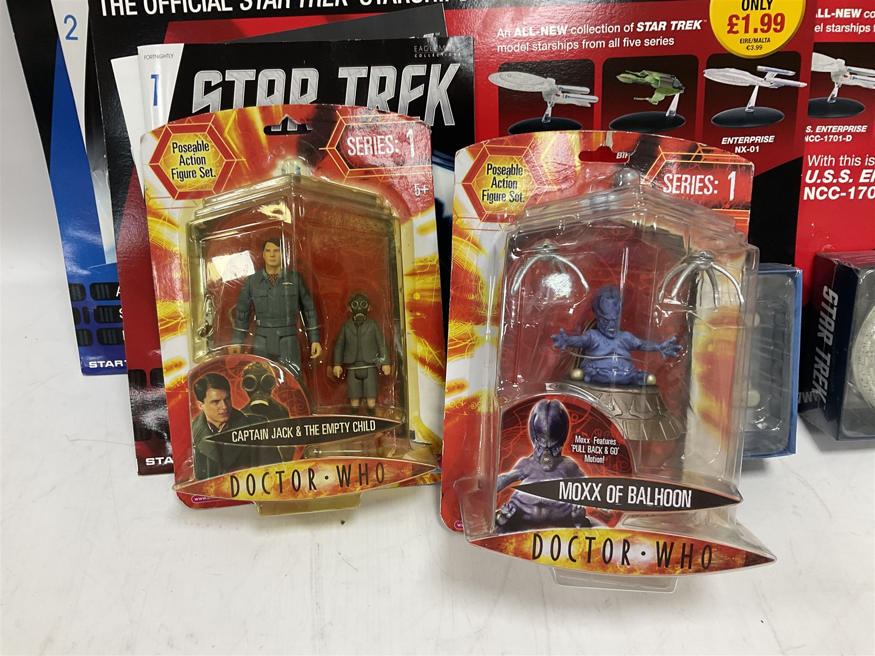 Star Trek - Eaglemoss Official Starships Collection three unopened issue No.1 and Issue No.2; five boxed Fabbri metal figures; and four carded action figures; together with Dr. Who - Eaglemoss Official Figurine Collection unopened Issue No.1; Dr. Who Monster Invasion parts 2 & 3, both unopened; four Dapol carded Dr. Who action figures and two others.