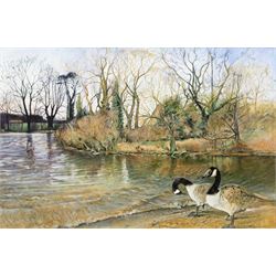 Raymond Greenley (Hull 20th century): Landscape with Geese, oil on board signed and dated ...
