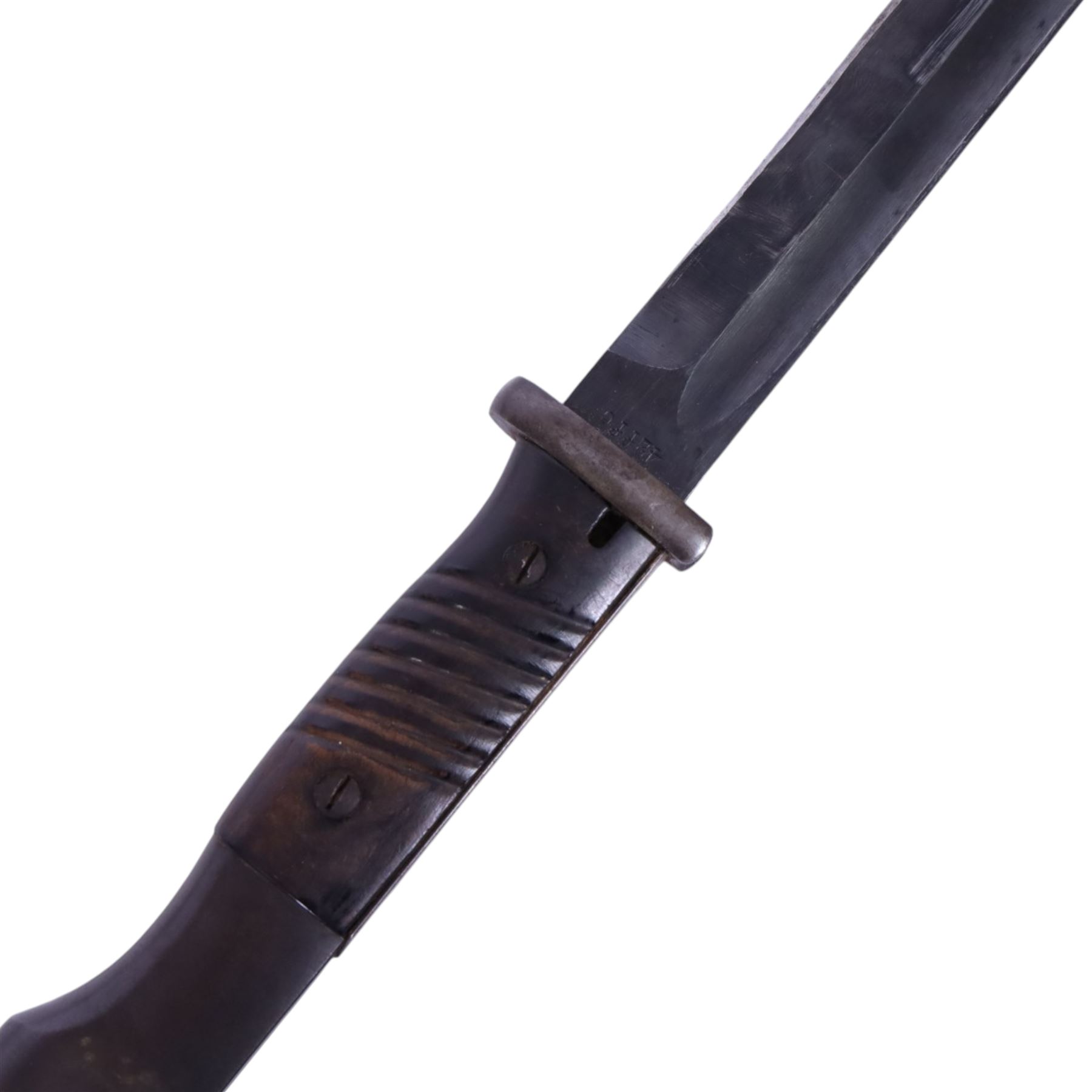 WWII German Third Reich K-98 bayonet North African Corps, marked 42ffe, 6026 to the  ricasso, in steel scabbard and webbing frog, L42cm