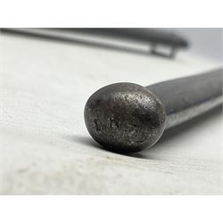 French Model 1866 Chassepot bayonet with 57cm curving fullered steel blade dated 1873 No.L63963; in steel scabbard with conforming number L71.5cm overall; and French St. Etienne Gras bayonet dated 1878 No.K10674 in steel scabbard numbered 79437 (2)