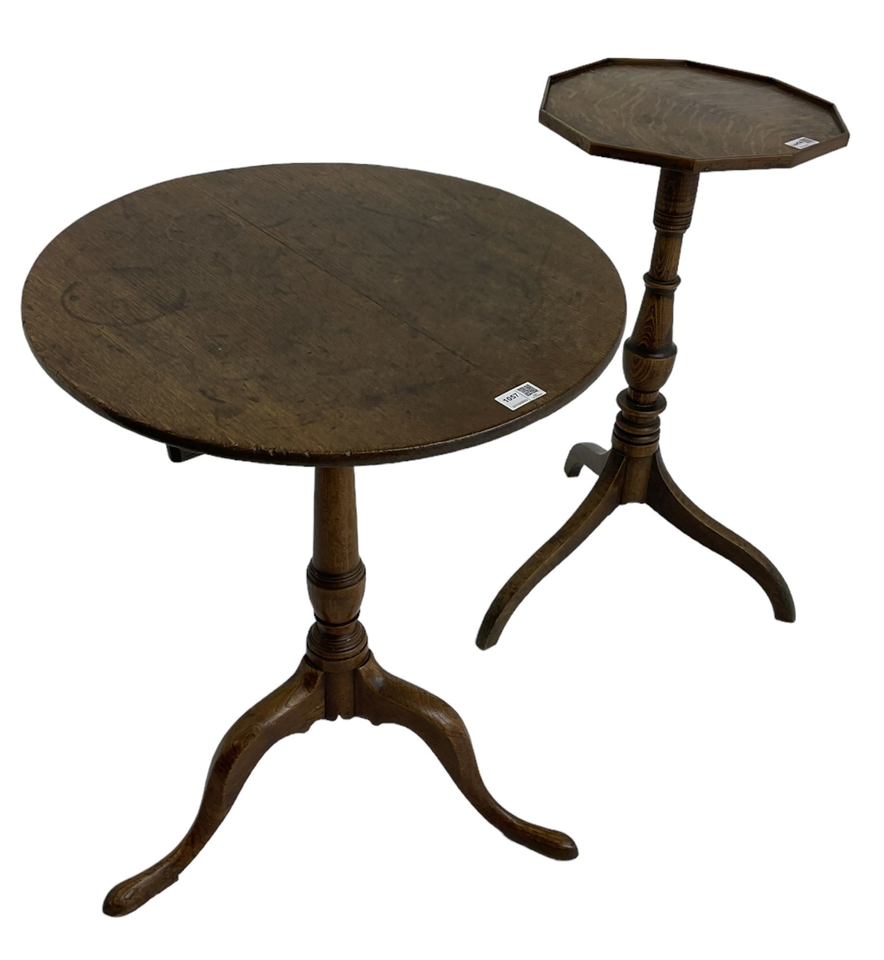 Early 19th century elm and oak tripod table, decagon oak top with raised edge, on turned column with three splayed supports (H74cm); and an early 19th century elm and oak tripod table, circular oak tilt top on turned column with three splayed supports (H70cm) 