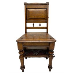 19th century oak metamorphic library steps and chair, panelled back with turned spindles over plank seat with turned front supports, the hinged seat folding forward, the steps inset with carpet treads  