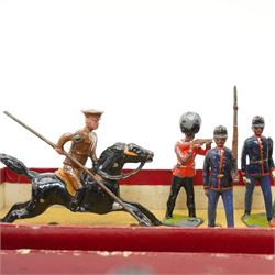 Set of fourteen Johillco lead cavalry on white horses, some with pennants, Britains overseas and colonial foot soldiers and cavalry and a Britains Zouaves box