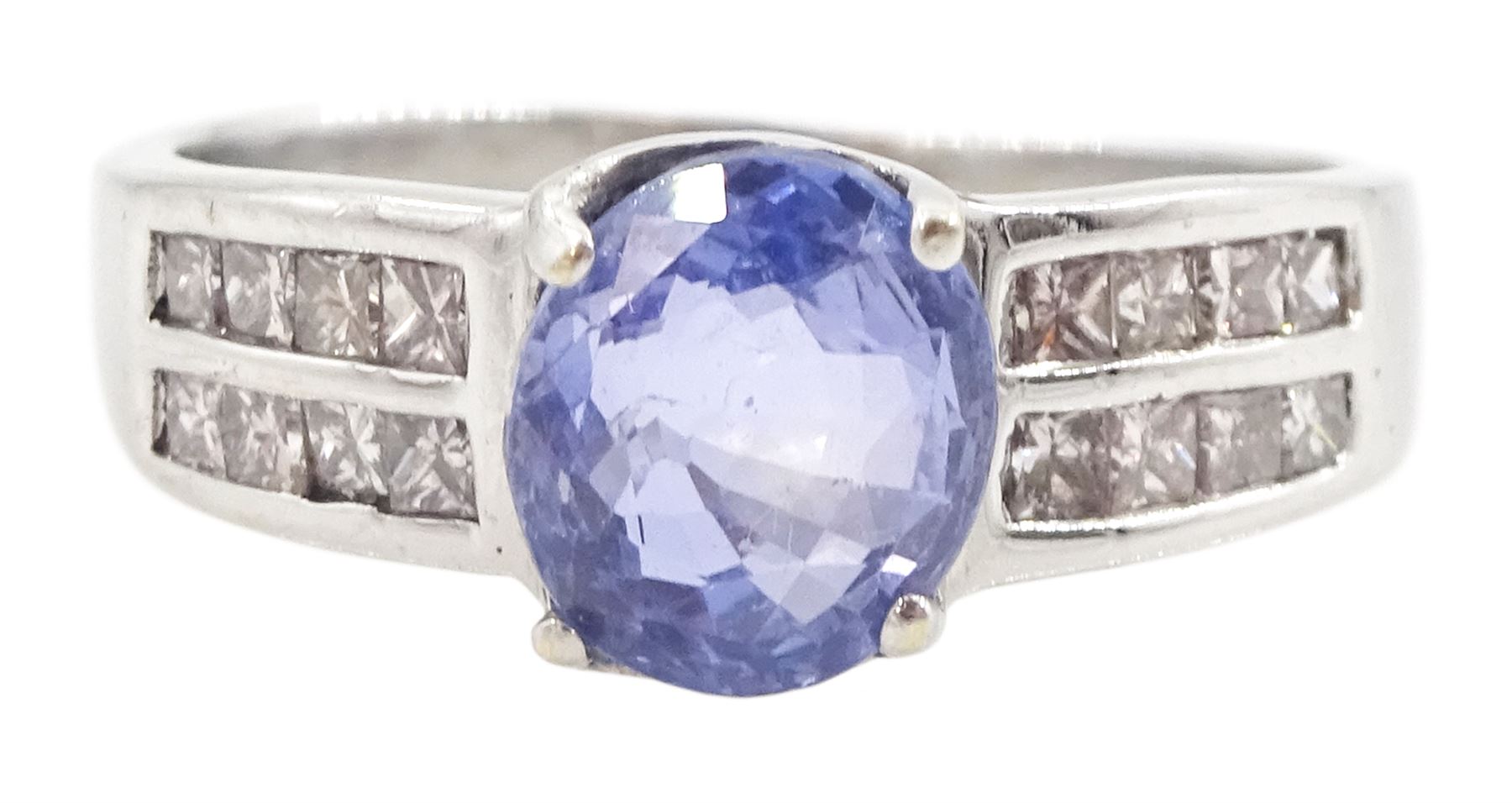 18ct white gold oval cut sapphire ring, with princess cut diamond shoulders, stamped 750, sapphire approx 1.45 carat, total diamond weight approx 0.30 carat