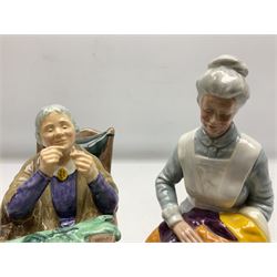 Four Royal Doulton figures, comprising Teatime HN2255, Eventide HN2814, A Stitch in Time HN2352 and small The Old Balloon Seller HN2129, all with printed marks beneath