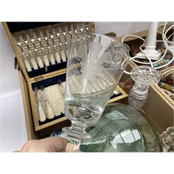 Green glass wine carafe, together with a set of glass vases, coffee sets, and other collectables, in three boxes 
