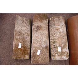  Three sandstone coping stones, weathered, tooled decoration, L80cm (max)  