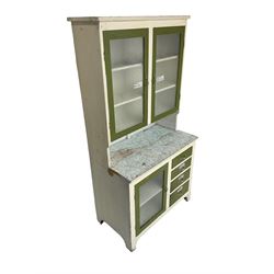Mid-20th century painted kitchenette, raised glazed cabinet over single glazed door and four drawers