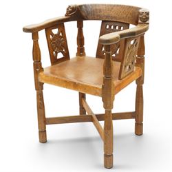 Mouseman - important oak monks chair, c1930s, the curved back inscribed with motto 'Cum Bo...