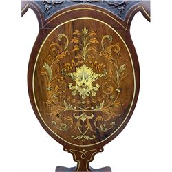 Edwardian inlaid mahogany elbow chair, shell carved cresting rail over oval back splat with scrolling foliage and shell mask inlays, with needlework upholstered seat, on cabriole supports