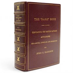 K S Ranjitsinhi - Jubilee Book of Cricket 1897, rebound in full calf and incorporating approximately 250 autographs of international cricketers, collected, compiled and presented by John E Harrison, all edges gilt together with a folder of correspondence, birthday card from Don Bradman, cuttings and autographs etc and a small album of photographs and correspondence