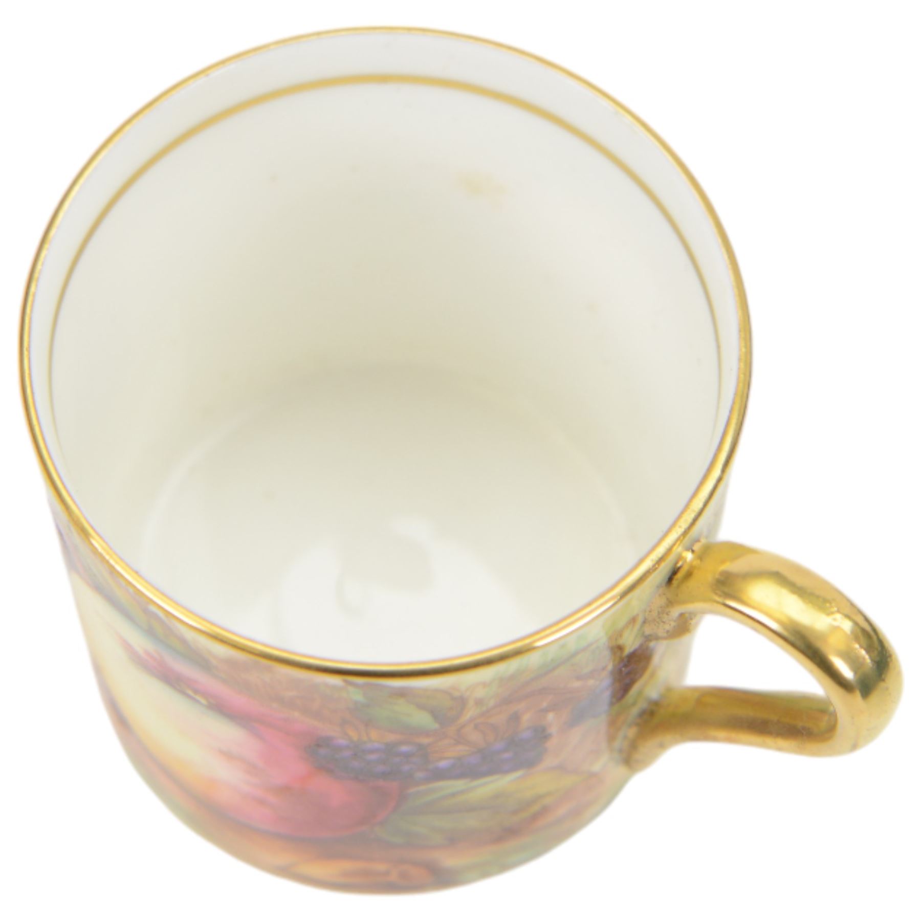 Aynsley fruit pattern, set of six coffee cans and saucers, gilded and decorated with fruit signed by N Brunt, in the original box, can H6cm
