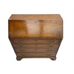 George III oak bureau, crossbanded fall-front concealing fitted interior, over four graduating drawers with cock-beaded facias, on pierced bracket feet