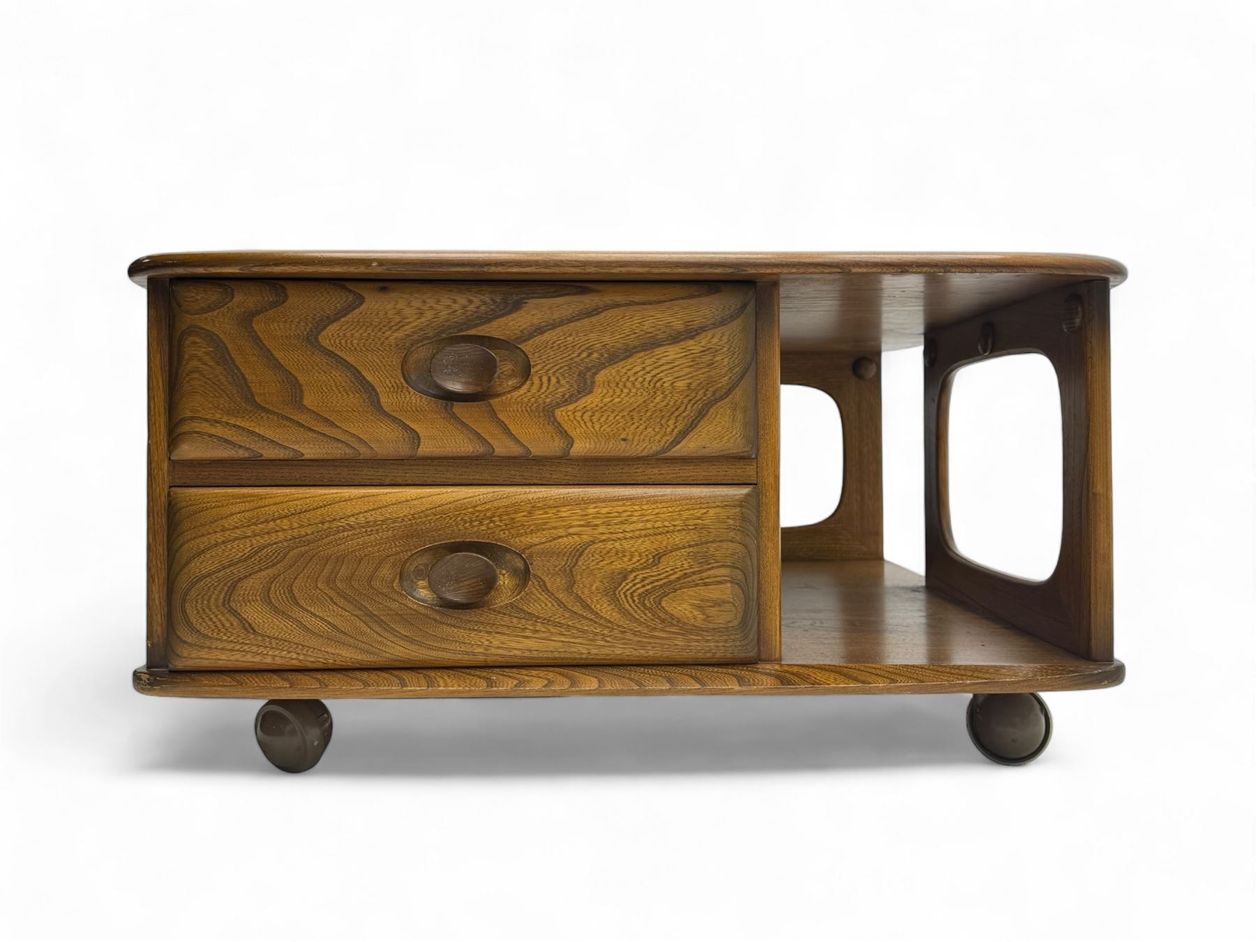 Lucian Ercolani for Ercol - elm 'Pandora's Box' coffee table, square top with rounded corners over two drawers with sculpted recessed pulls, open sides supporting undertier, on castors 