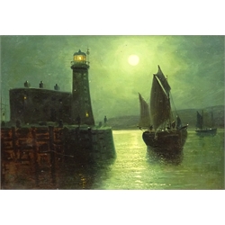  Walter Linsley Meegan (British c1860-1944): Scarborough Lighthouse by Moonlight, oil on canvas signed 24cm x 34cm  